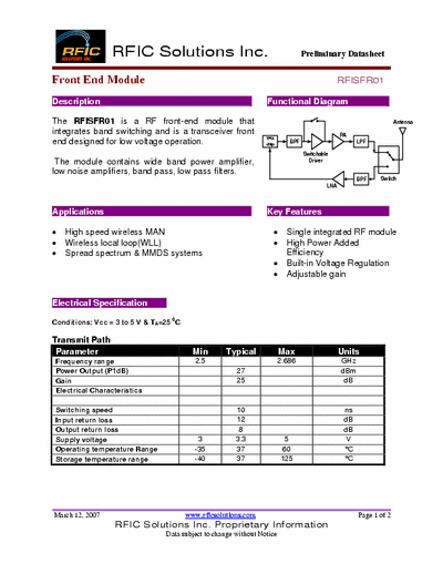 Rficsolutions.Inc RFISFR01 The RFISFR01 is a RF front-end module that
integrates band switching and is a transceiver front
end designed for low voltage operation.
The module contains wide band power amplifier,
low noise amplifiers, band pass, low pass filters.